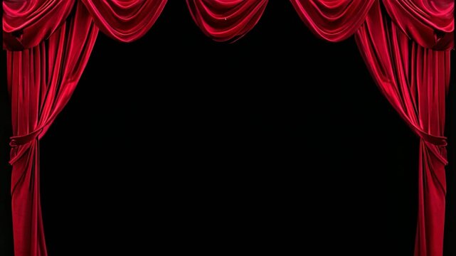 Majestic red velvet theater curtains open framing dramatic stage opening for grand performance
