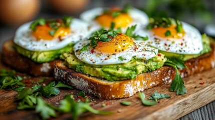 A vibrant breakfast of toasted whole grain bread topped with creamy avocado, perfectly fried eggs, and a sprinkle of fresh herbs rests on a wooden board, inviting a delightful morning meal