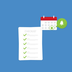 Check list document with a notification and calendar, paper check list and to do list with checkboxes, concept of survey, online quiz, completed things or done test, feedback.	