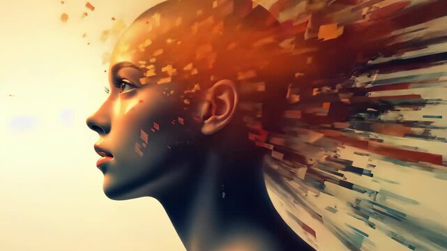 A woman's head is engulfed in an explosion of digital data, representing the overwhelming nature of modern life