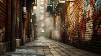 Naklejka premium narrow alleyway with brick walls adorned with vibrant graffiti, illuminated by soft street lights. atmosphere is moody and urban, with hint of mist adding to scenes depth