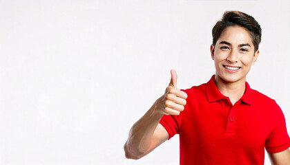 A portrait of a smiling Asian man wearing a red polo shirt and giving a thumbs up against a white background.