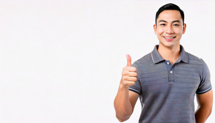 A portrait of a smiling Asian man wearing a gray polo shirt and giving a thumbs up against a white background.