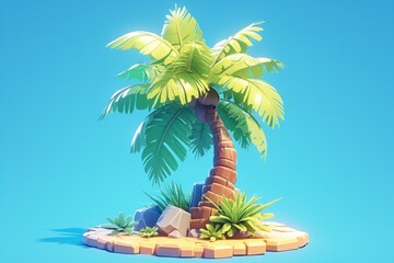 Naklejka premium Low Poly Palm Tree on a Tiny Island Against a Blue Sky