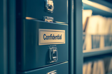 Confidential folders on office shelf, data privacy concept, secure document storage, business information protection