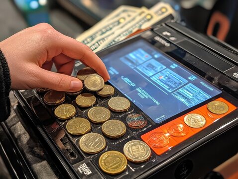 Visualize a cashiers hand confidently processing a transaction, coins and bills neatly arranged on a translucent, digital screen