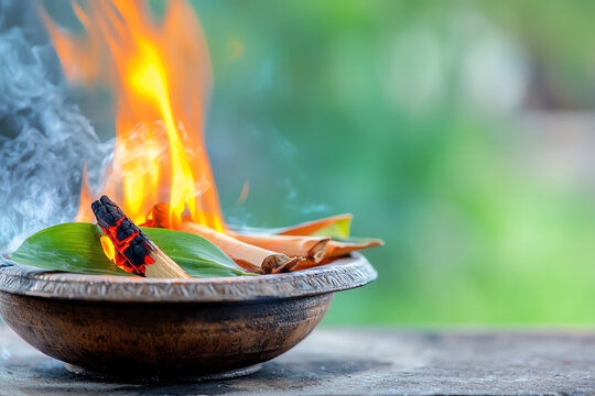 A side view of a havan kund sacred fire pit with offerings being made into the fire during the sthapna puja