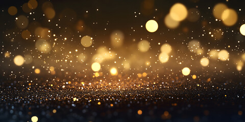 Abstract golden bokeh lights on dark background, festive glitter effect, blurred sparkling particles, celebratory atmosphere
