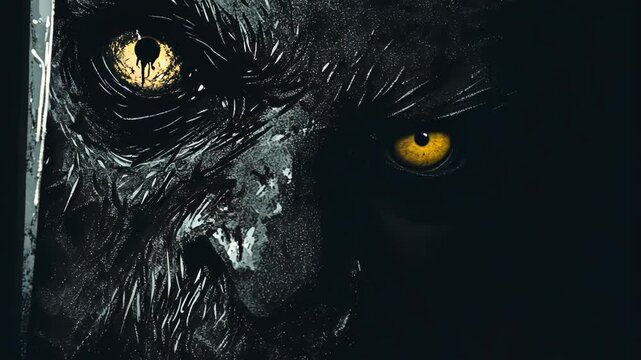 A close-up of a creature's yellow eye peering out from the darkness, hinting at something sinister
