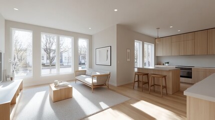 Modern living room interior with natural light and minimalist design.