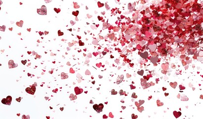 Falling red and pink confetti hearts on white background. Special Day frame banner with copy space, 3d rendering