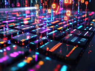 Obraz premium Neon keyboard with digital code