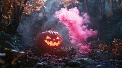Naklejka premium A Halloween pumpkin with a carved face sits on a rock in a dark forest. A pink smoke bomb is emerging from the top of the pumpkin, creating a surreal and atmospheric scene. 