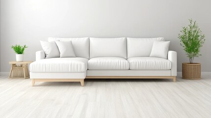 Modern white sofa with cushions in a cozy living room setting.