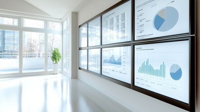 Modern office with data presentations, bright windows, and a green plant.