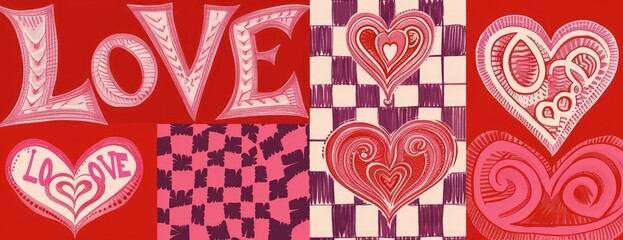 Fototapeta premium 3D word LOVE with heart and rose on pink background, an elegant card with love background