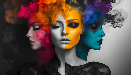 Obraz premium Create portraits where everything is in black and white except for one vivid, colorful element on the person (like clothing, accessories, or makeup), drawing attention to that singular feature