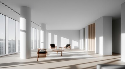 Fototapeta premium Spacious modern interior with large windows and stylish furniture, bright natural light.