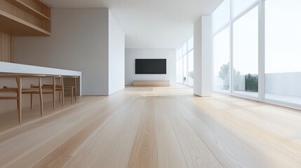 Obraz premium Spacious modern interior with wooden flooring and large windows.
