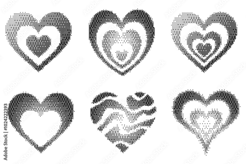 Poster bitmap pattern abstract heart shapes. halftone gradient elements on white background. y2k graphic ab