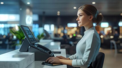 Smiling woman working at airport desk