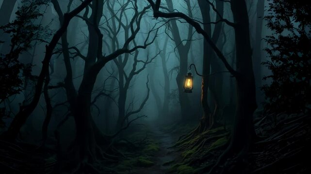 A single lantern hangs from a tree branch in a dark and eerie forest. The path ahead is shrouded in mist, creating an atmosphere of mystery and suspense.
