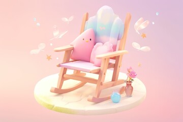 Pastel Rocking Chair with Pillows, Flowers, and Butterflies