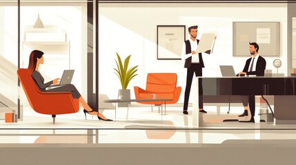 Flat design business characters vector, featuring people collaborating on projects in a sleek office space