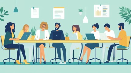 Flat design vector of a diverse team collaborating in an office, focusing on productivity and inclusivity
