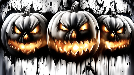 Three glowing jack-o'-lanterns with sinister faces on Halloween