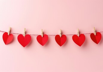 A garland of red paper hearts on clothesline isolated on pastel pink background with copy space, flat lay, studio shot