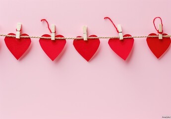 A garland of red paper hearts on clothesline isolated on pastel pink background with copy space, flat lay, studio shot