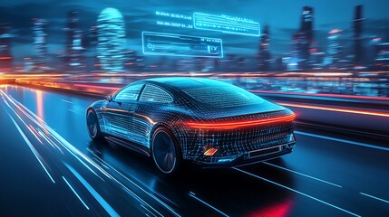Modern electric car driving on a futuristic highway, augmented reality data floating above showing speed, distance to other cars, and safety features, high-tech cityscape glowing in neon,