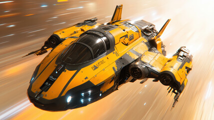 Futuristic spaceship soaring through space, showcasing sleek design with vibrant yellow and black colors. dynamic motion creates sense of speed and adventure