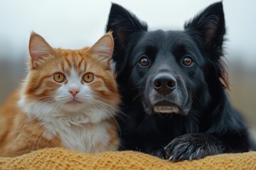 Adorable Border Collie and cat sharing a sunny day outdoors in perfect harmony