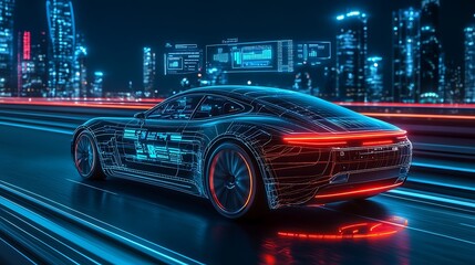 Modern self-driving car on a sleek highway, glowing data and icons floating above displaying vehicle status, speed, and navigation, vibrant city backdrop illuminated in neon,