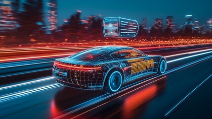 Naklejka premium Modern self-driving car on a sleek tech-enhanced highway, holographic data floating above showing navigation, speed, and safety features, advanced city glowing in neon lights, dynamic lighting,