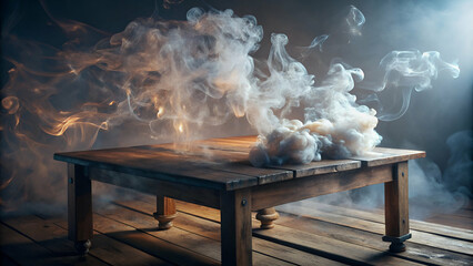 Rustic wooden table with ethereal smoke floating up, ideal for creating a cozy and inviting atmosphere