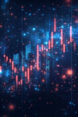 The visual displays a dynamic stock market trend with glowing candlestick patterns over a deep blue background, suggesting digital data analysis in a tech-driven environment