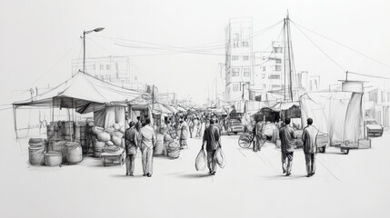 monochrome sketch of bustling marketplace scene, featuring vendors and shoppers amidst tents and stalls. lively atmosphere captures essence of daily life in vibrant market