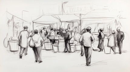 monochrome sketch of bustling marketplace scene, capturing lively atmosphere with people interacting and vendors selling goods. dynamic lines convey movement and energy