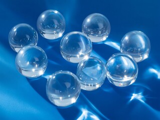 2408 19.An abstract arrangement of transparent glass balls on a rich blue background, illuminated by soft sunlight filtering through. The clarity and transparency of the glass contrast beautifully