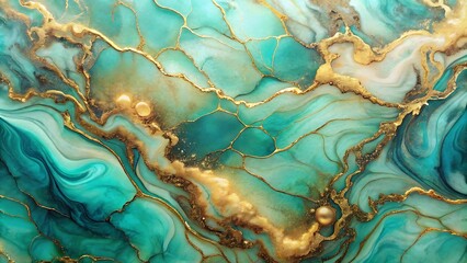 Abstract turquoise marble with golden veins and textures