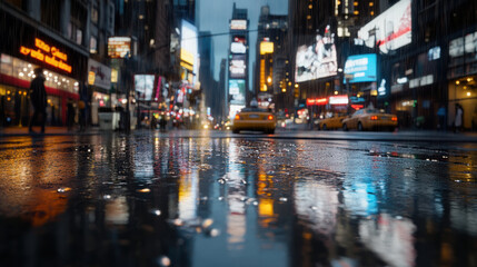 Obraz premium vibrant city street at dusk, showcasing neon signs reflecting on wet pavement, with yellow taxis and pedestrians creating lively urban atmosphere