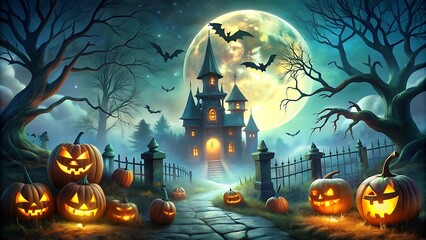 Spooky Halloween night with haunted house and glowing pumpkins