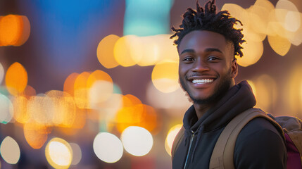 smiling man with dynamic lighting and blurred background filled with colorful bokeh creates joyful atmosphere. His expression radiates happiness and warmth, making scene inviting and lively