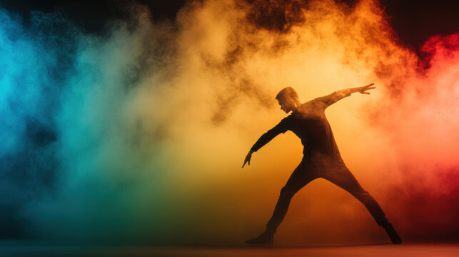 silhouette of dancer mid spin surrounded by colorful smoke, creating dynamic and energetic atmosphere. vibrant hues enhance movement and expression of dance