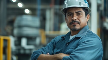 Fototapeta premium Candid shot of a confident Hispanic male factory worker with arms crossed, industrial construction industry.