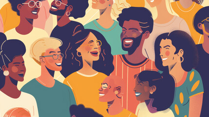 A diverse group of people from various ethnic backgrounds smiling and interacting.