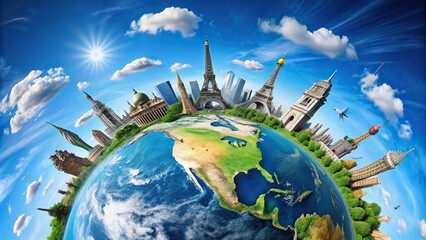 Naklejka premium Travel destinations around the globe with a fisheye effect against a blue sky